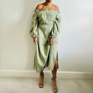 Asos khaki off shoulder dress with cut outs